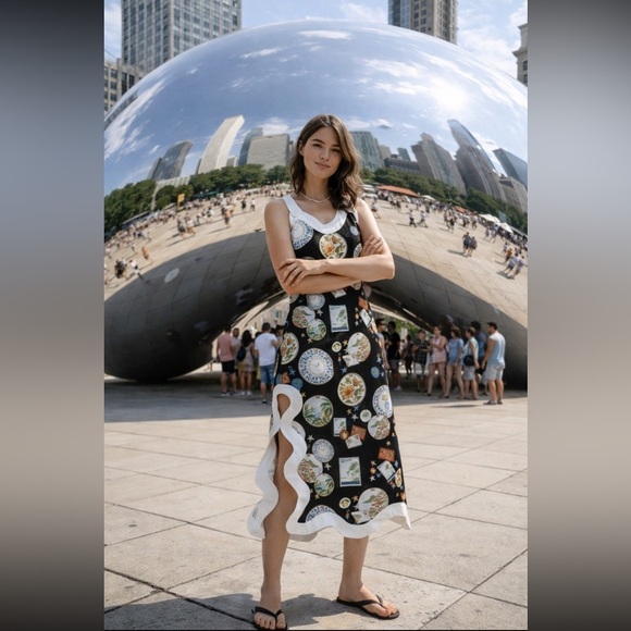 FARM Rio Dresses & Skirts - Farm Rio NWT Anthropologie Linen Sleeveless Scallop-Trim Slim Midi Dress size XS